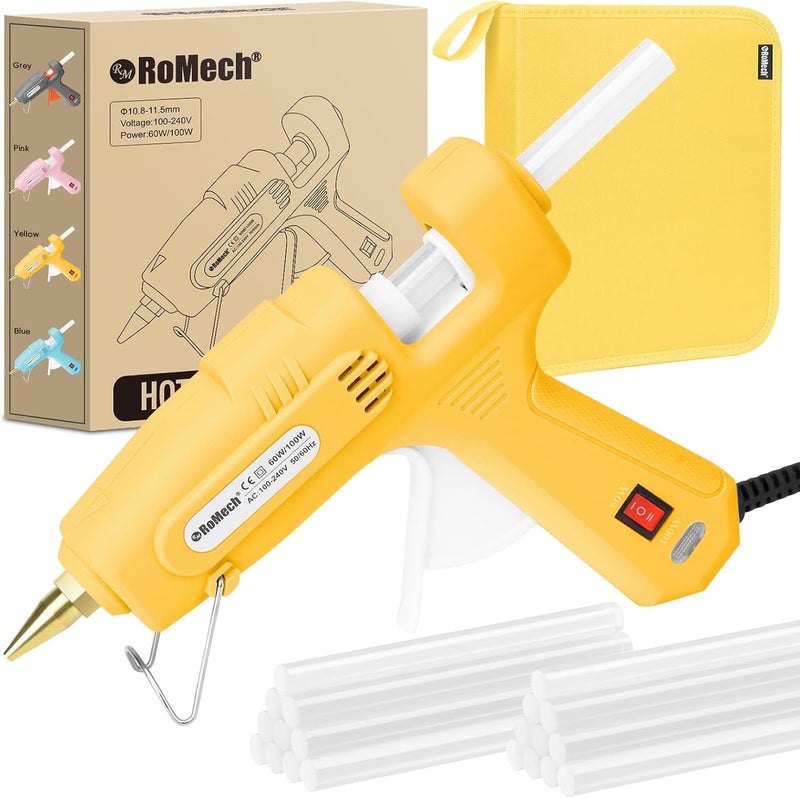ROMECH Full Size Hot Glue Gun with 60/100W Dual Power and 21 Hot Glue Sticks (7/16"), Fast Preheating Heavy Duty Industrial Gluegun with Storage Case for Crafting, DIY and Repairs (Yellow) - Image 1